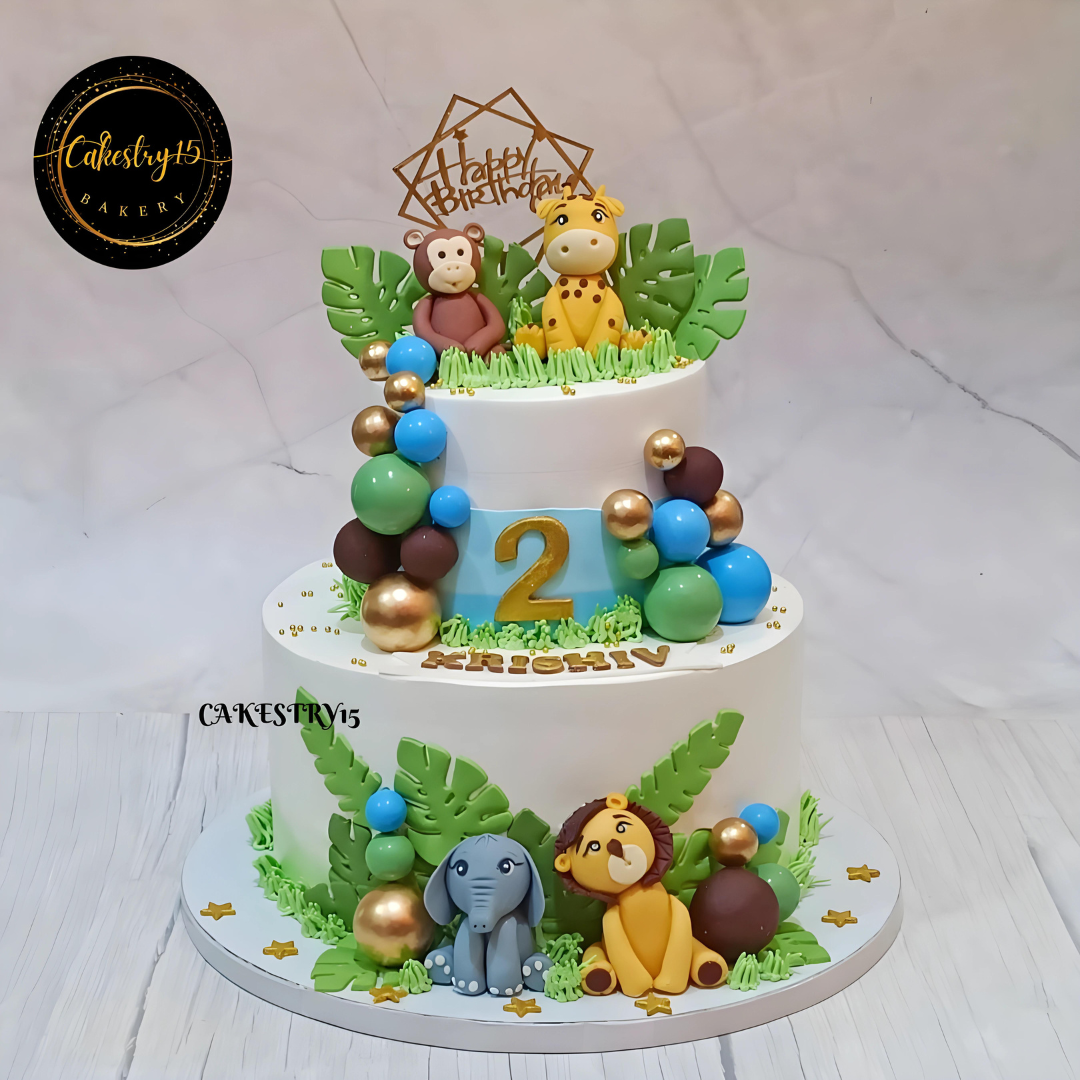 Jungle theme 4kg size 2tier blueberry flavor 2nd birthday cake,full image,cakestry15,noida