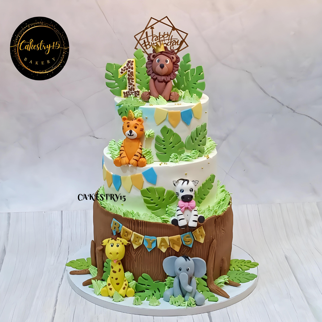 Jungle theme 5kg size 3tier choco butterscotch flavor 1st birthday cake,full image