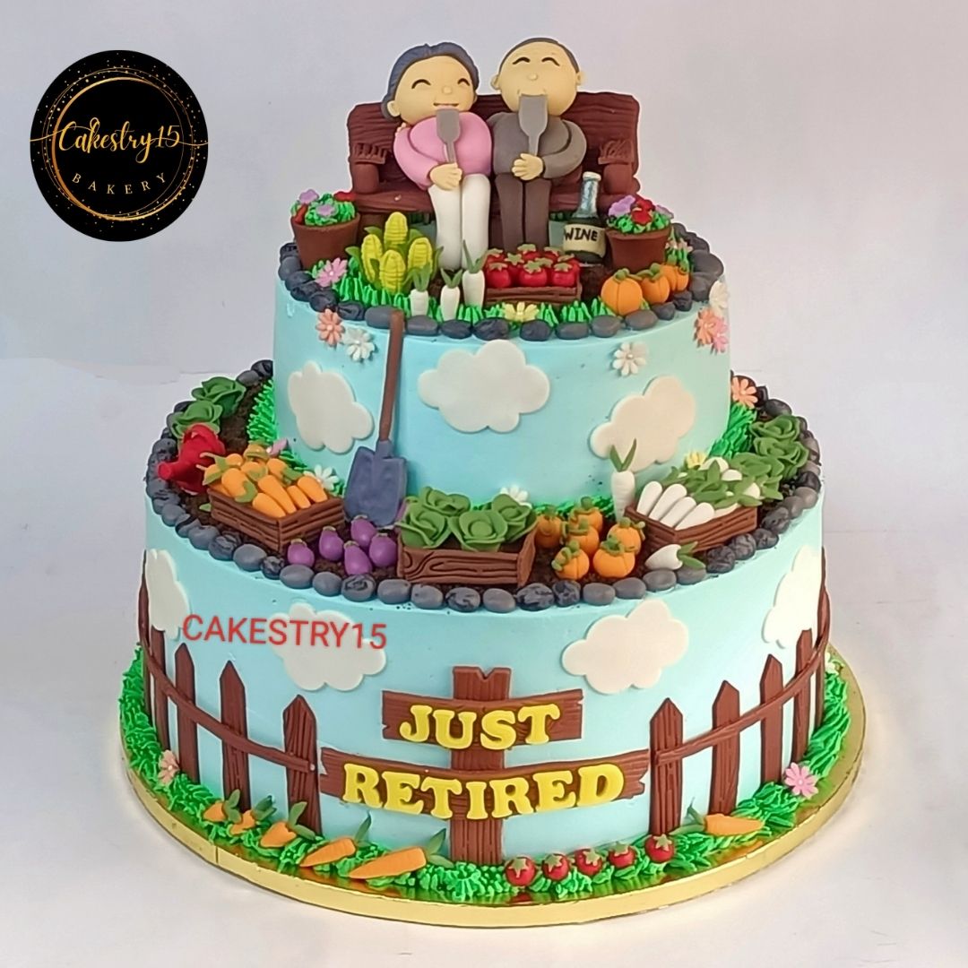 Just Retired 5kg Theme butterscotch Cake by cakestry15,noida,cake full image