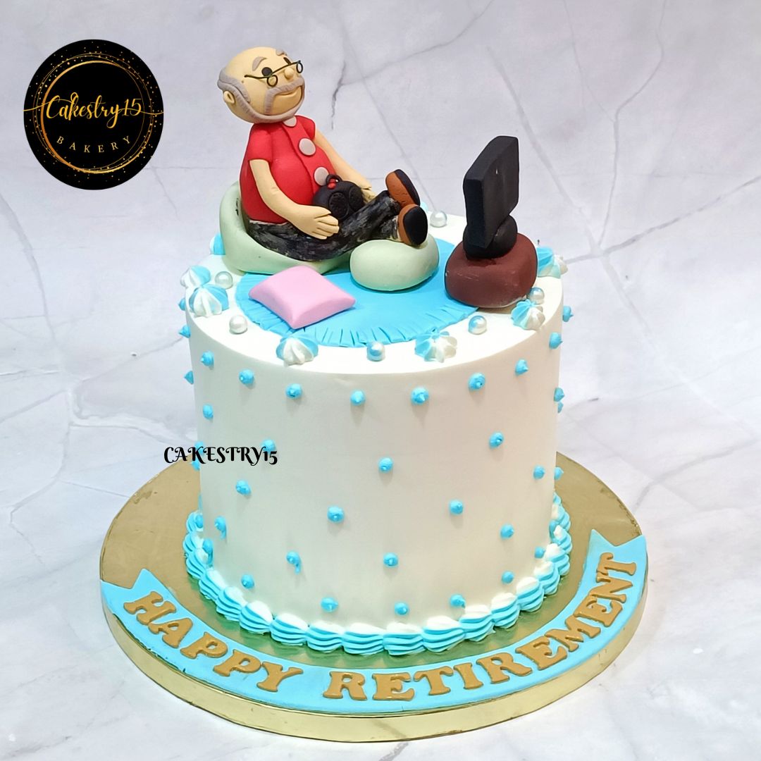 Just Retired Theme 1.5kg blueberry Cake by cakestry15,noida,cake full image