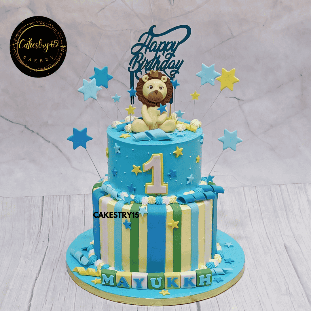 King of the Jungle First Birthday,3kg choco vanilla flavour 2tier first birthday cake for a boy by cakestry15 noida,cake full image