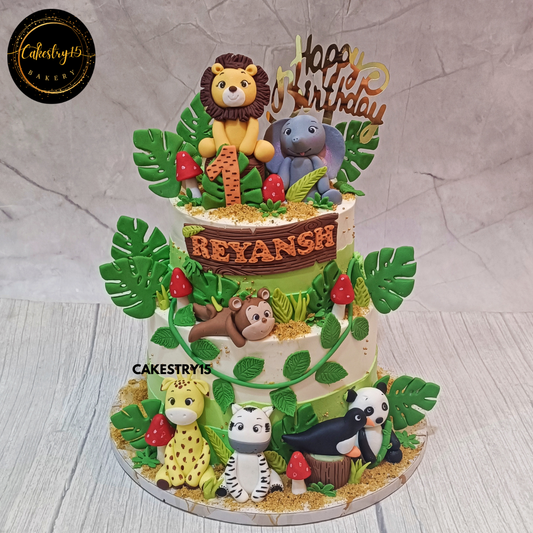 Little Explorer Jungle Cake,3kg chocolate 2tier first birthday cake for a boy by cakestry15 noida,cake full image,cake for boys