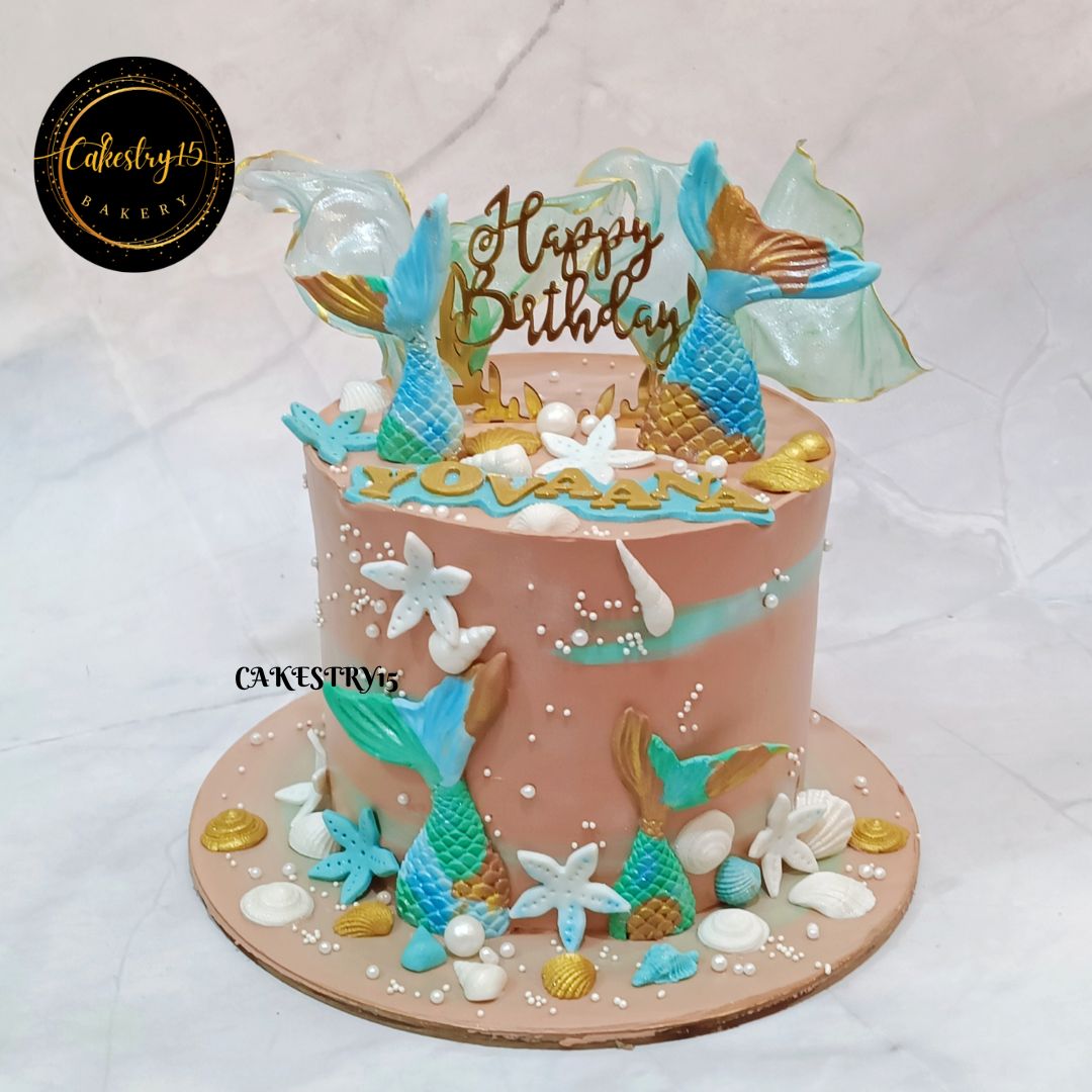 Mermaid Coral Theme 1kg blueberry birthday Cake by cakestry15 noida,cake full image