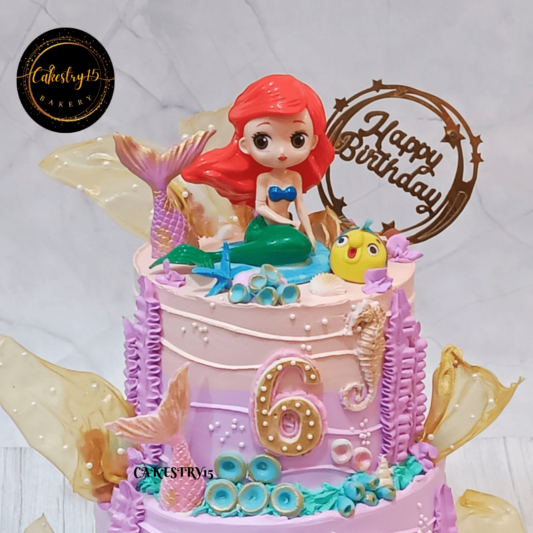 Mermaid Fantasy 3kg black forest 2tier 6th birthday cake,cakes for girls,cakestry15 noida,close up image