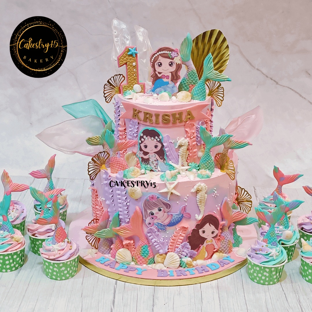 Mermaid Magic 5kg 2tier blueberry first birthday cake,cakes for girls,full image