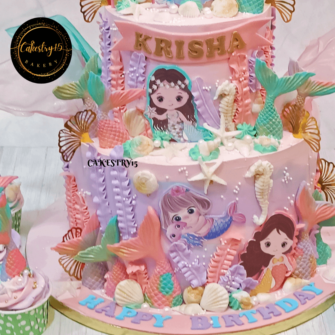 Mermaid Magic 5kg 2tier blueberry first birthday cake,cakes for girls,lower close up image