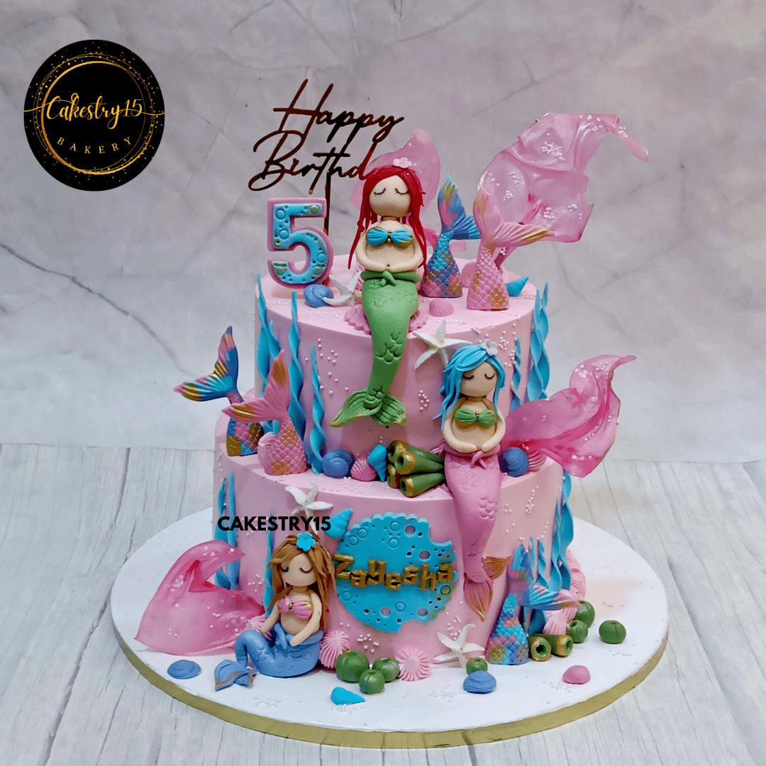  Mermaid Oceanic Celebration,5kg choco butterscotch flavour 2 tiered 5th birthday mermaid theme cake for a girl by cakestry15 noida,cake full image,mermaid cake designs