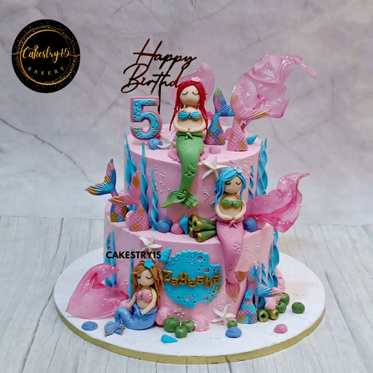  Mermaid Oceanic Celebration,5kg choco butterscotch flavour 2 tiered 5th birthday mermaid theme cake for a girl by cakestry15 noida,cake full image,mermaid cake designs