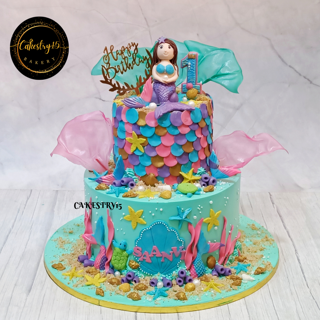 Mermaid Princess theme, 4kg size,2tiered,pineapple flavor,1st birthday cake by cakestry15 noida,full image