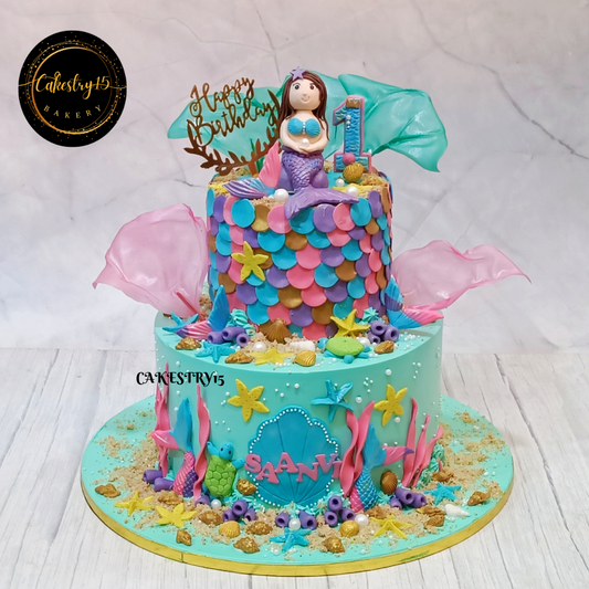 Mermaid Princess theme, 4kg size,2tiered,pineapple flavor,1st birthday cake by cakestry15 noida,full image