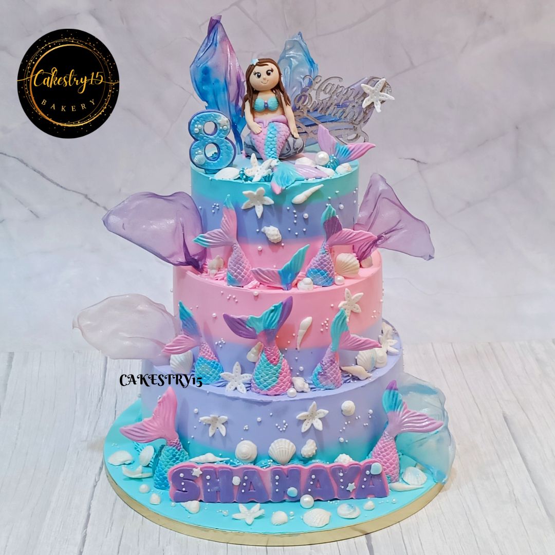 Mermaid Theme 5kg 3tier chocolate birthday Cake by cakestry15,noida,cake full image