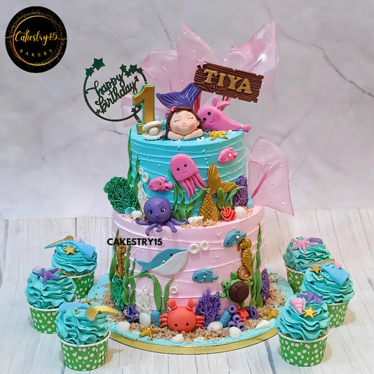 Mermaid's Blueberry Kingdom,3kg blueberry 2tier first birthday cake by cakestry15 noida,cake full image