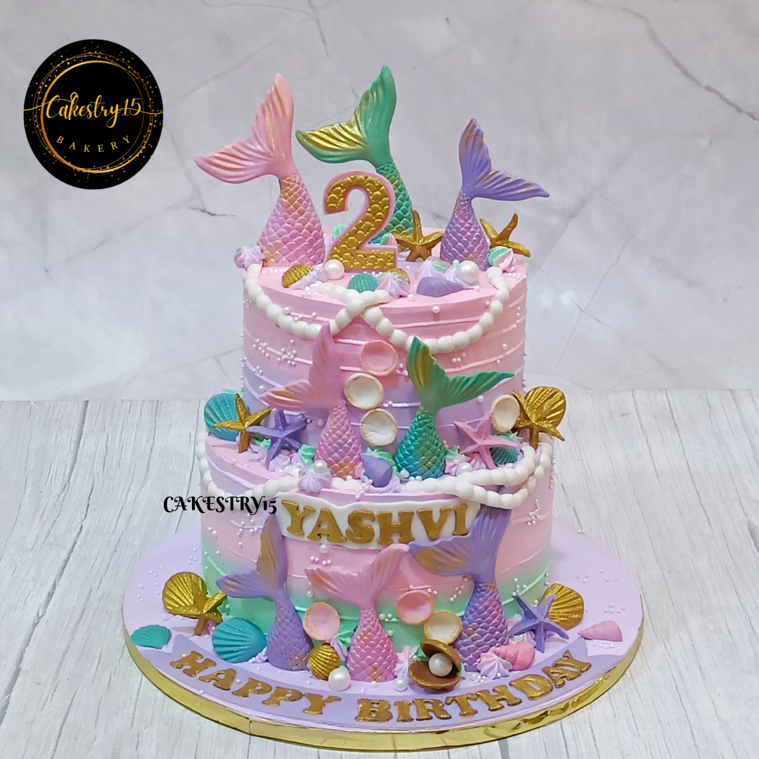 Mermaid theme 3kg size 2tier 2nd birthday black forest flavor birthday Cake,full image,cakestry15 noida