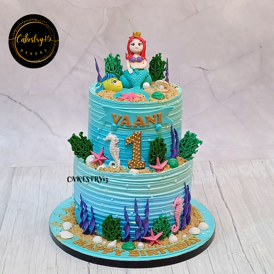 Mermaid theme 3kg size 2tier pineapple flavor 1st birthday cake,full image