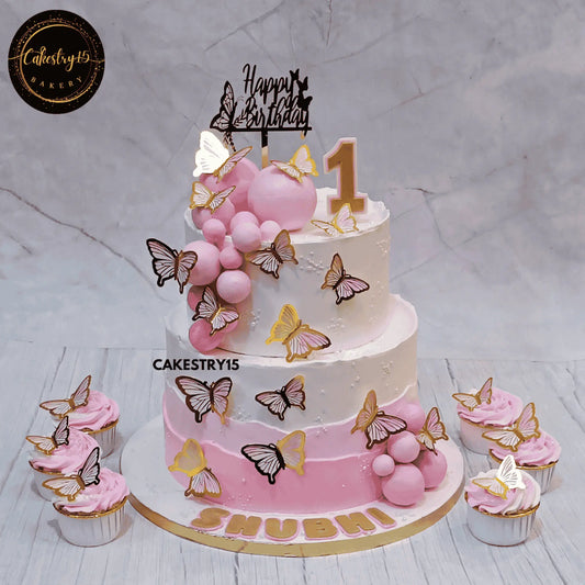 Pink Flutter Blueberry Cake,5kg 2tier first birthday butterfly theme cake for a girl by cakestry15 noida,cake full image