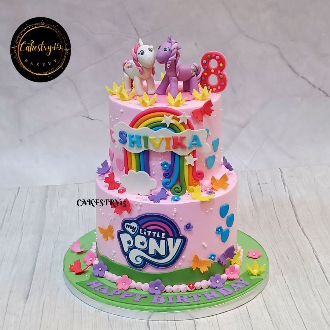 Pony theme 3kg size 2tier 8th Birthday black forest flavor cake,full image