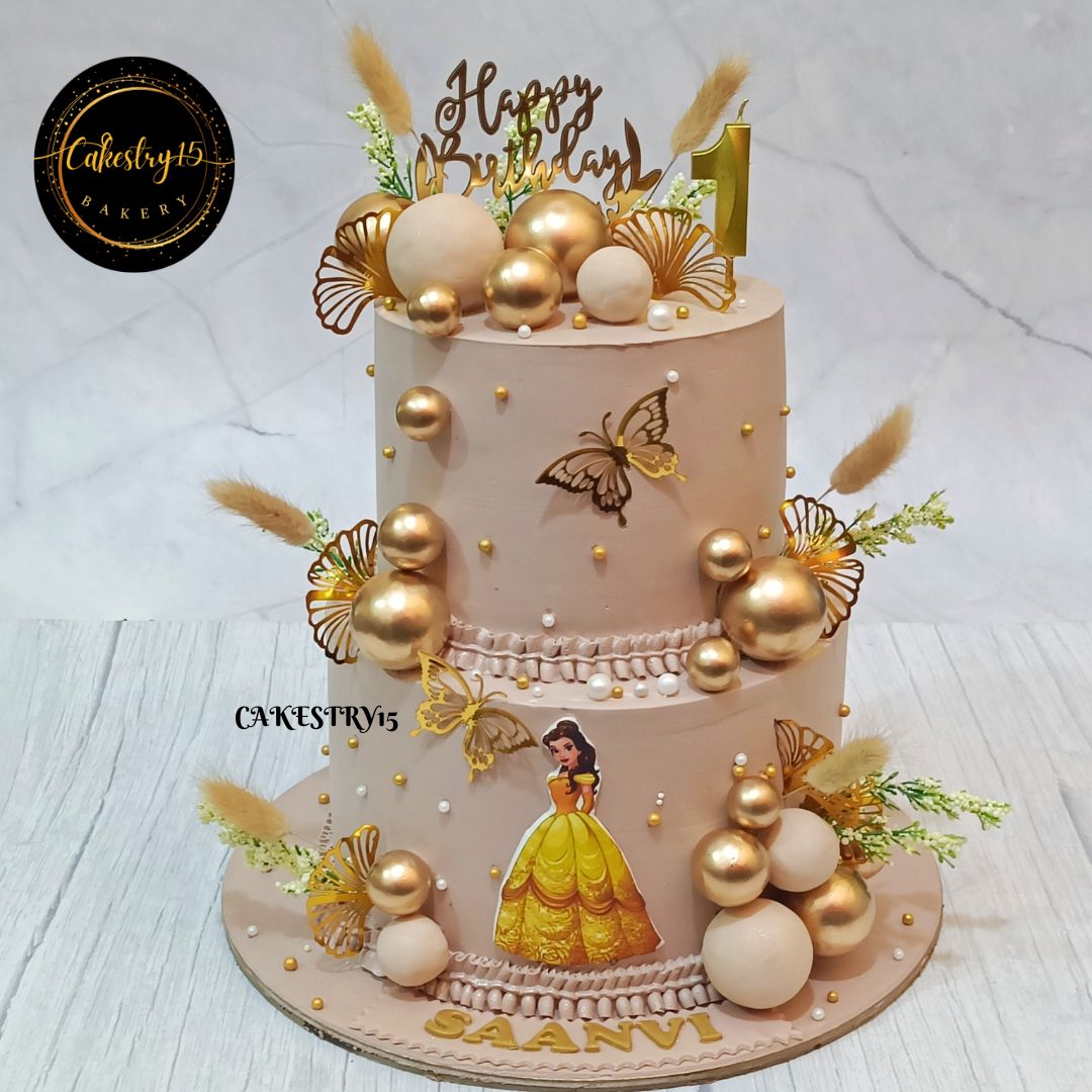 Princess Belle 3kg butterscotch first birthday Cake by cakestry15 noida,cake full image