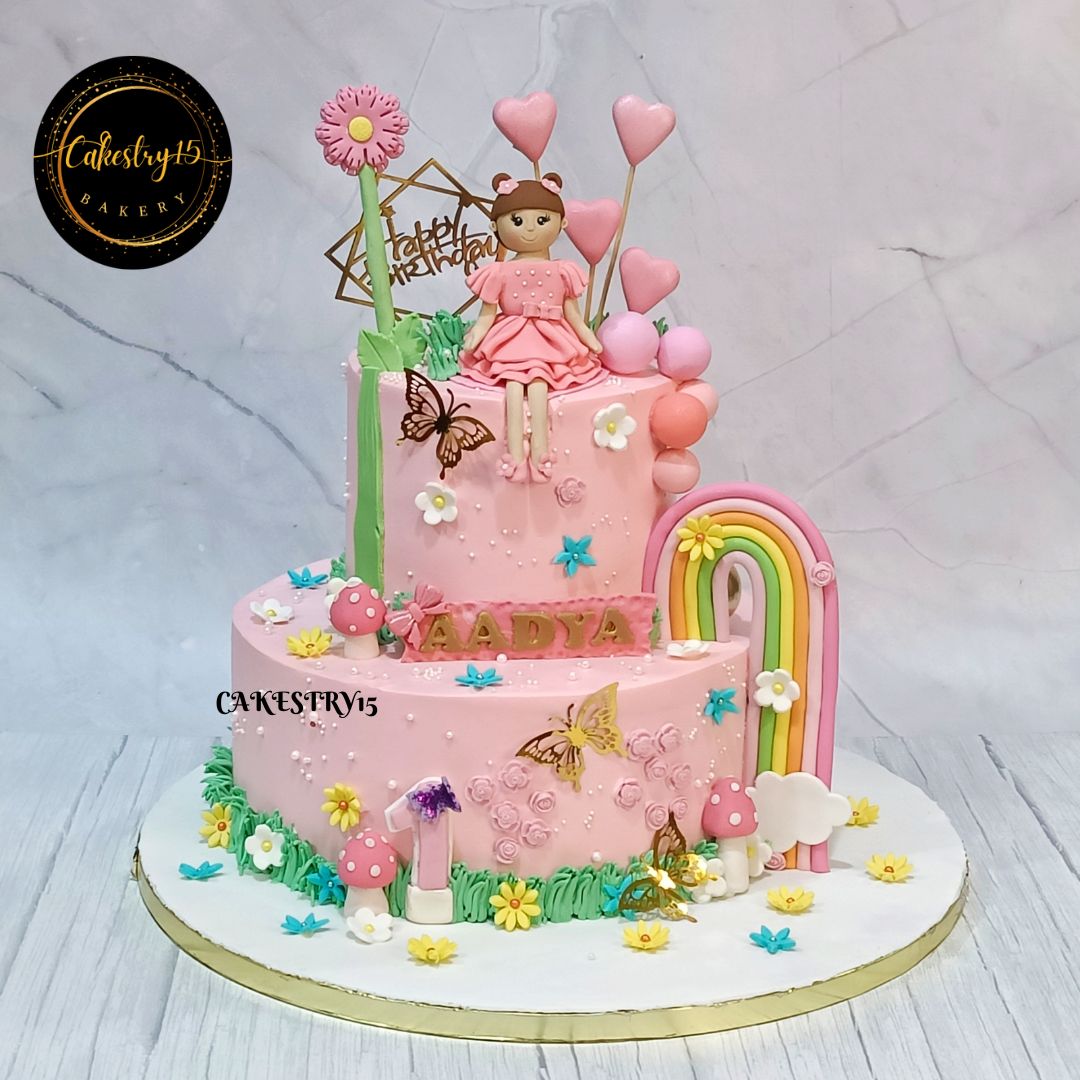 Princess Doll Rainbow 5kg pineapple first birthday Cake by cakestry15 noida,cake full image