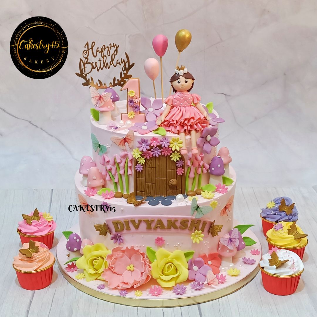 Princess Fairy Garden 5kg butterscotch first birthday Cake by cakestry15 noida,cake full image