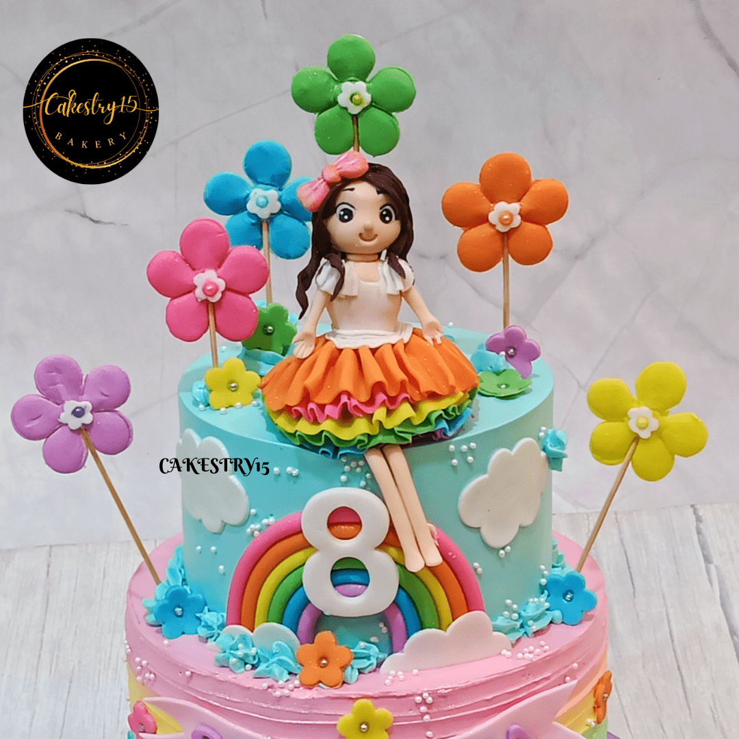 Princess theme 3kg Butterscotch 2tier 8th birthday cake by cakestry15 noida,cake top tier close up image