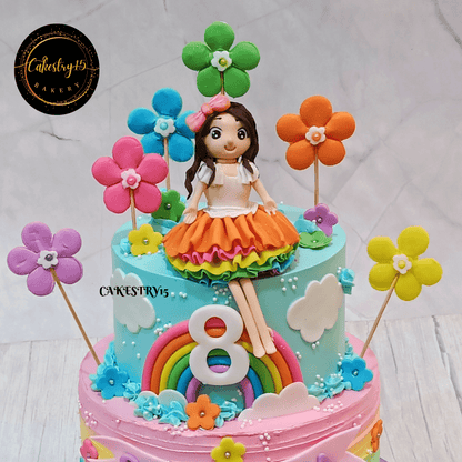 Princess theme 3kg Butterscotch 2tier 8th birthday cake by cakestry15 noida,cake top tier close up image