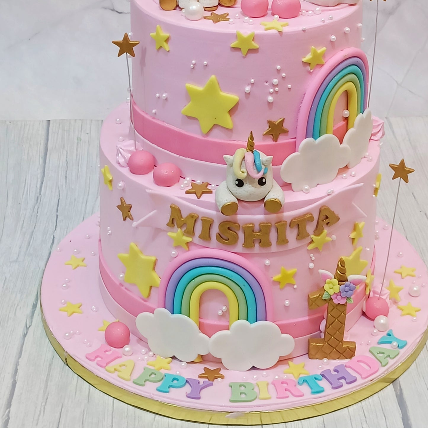 Rainbow Unicorn Bliss 3kg Cake,vanilla flavor,first birthday,cake for her by cakestry15,noida,cake bottom tier close up image