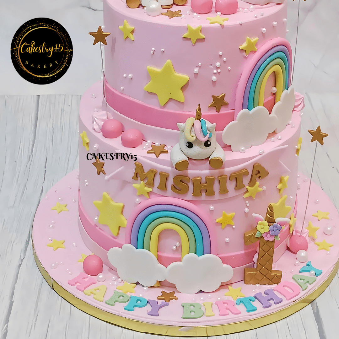 Rainbow Unicorn Bliss 3kg Cake,vanilla flavor,first birthday,cake for her by cakestry15,noida,cake bottom tier close up image 3