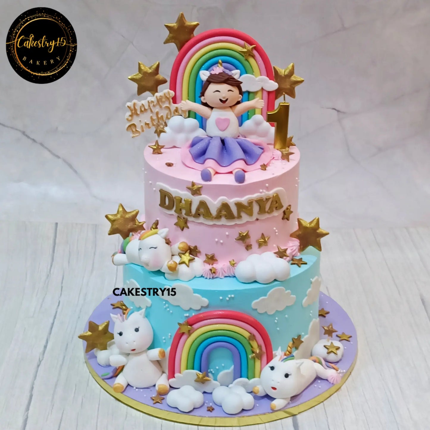  Rainbow Unicorn Delight,3kg 2tier pineapple and black forest first birthday cake by cakestry15 noida,cake full image,cake for girls