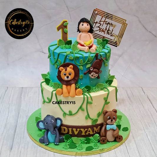  Roaring Jungle Celebration,3kg black forest and butterscotch flavour jungle theme first birthday cake by cakestry15 noida,cake full image,cake for boys