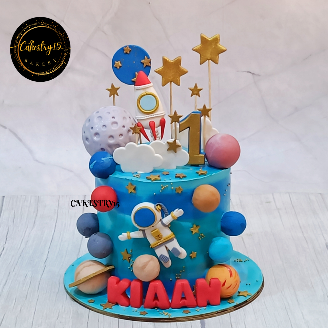 Space Birthday theme,1.5kg size,pineapple flavor,1st birthday cake by cakestry15 noida,full image