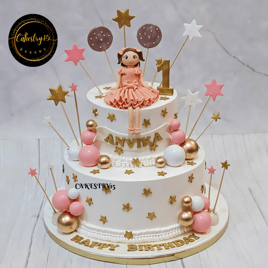 Starlit Doll Delight 4kg black forest first birthday Cake,cakestry15,noida,cake for her,cake full image