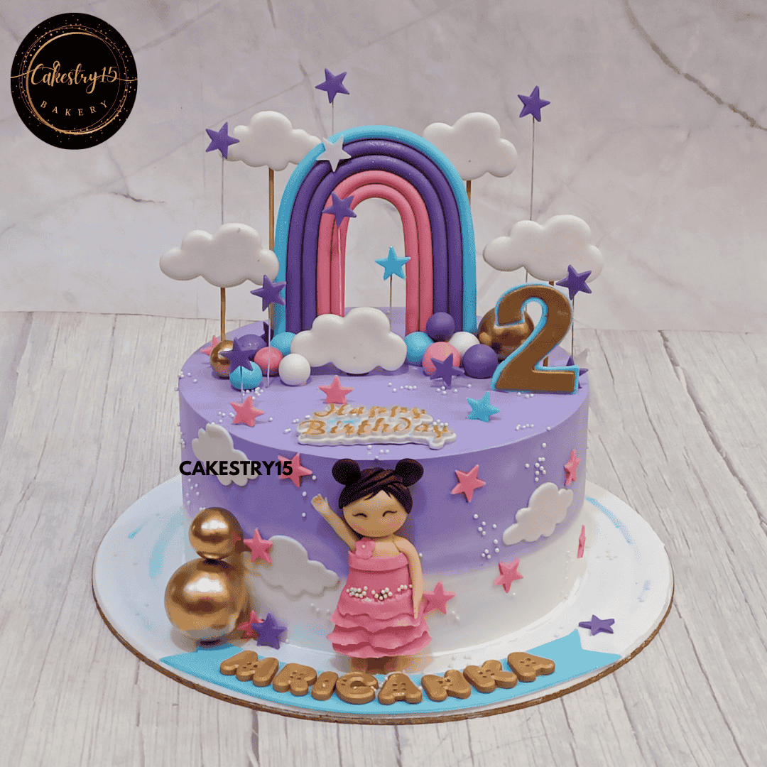 Stars and Rainbows Delight,2kg pineapple 2nd birthday cake for a girl by cakestry15 noida,cake full image