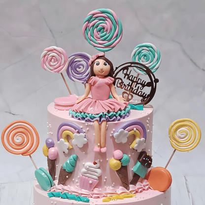 Sweet Swirls & Rainbows 3.5kg choco vanilla 6th birthday Cake by cakestry15,noida,cake top tier close up image