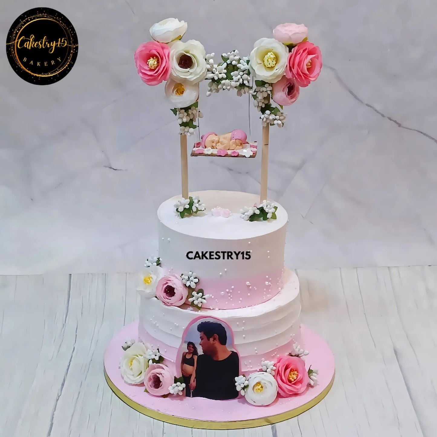 Swinging into Parenthood,2.5kg black forest baby shower cake by cakestry15 noida,cake full image