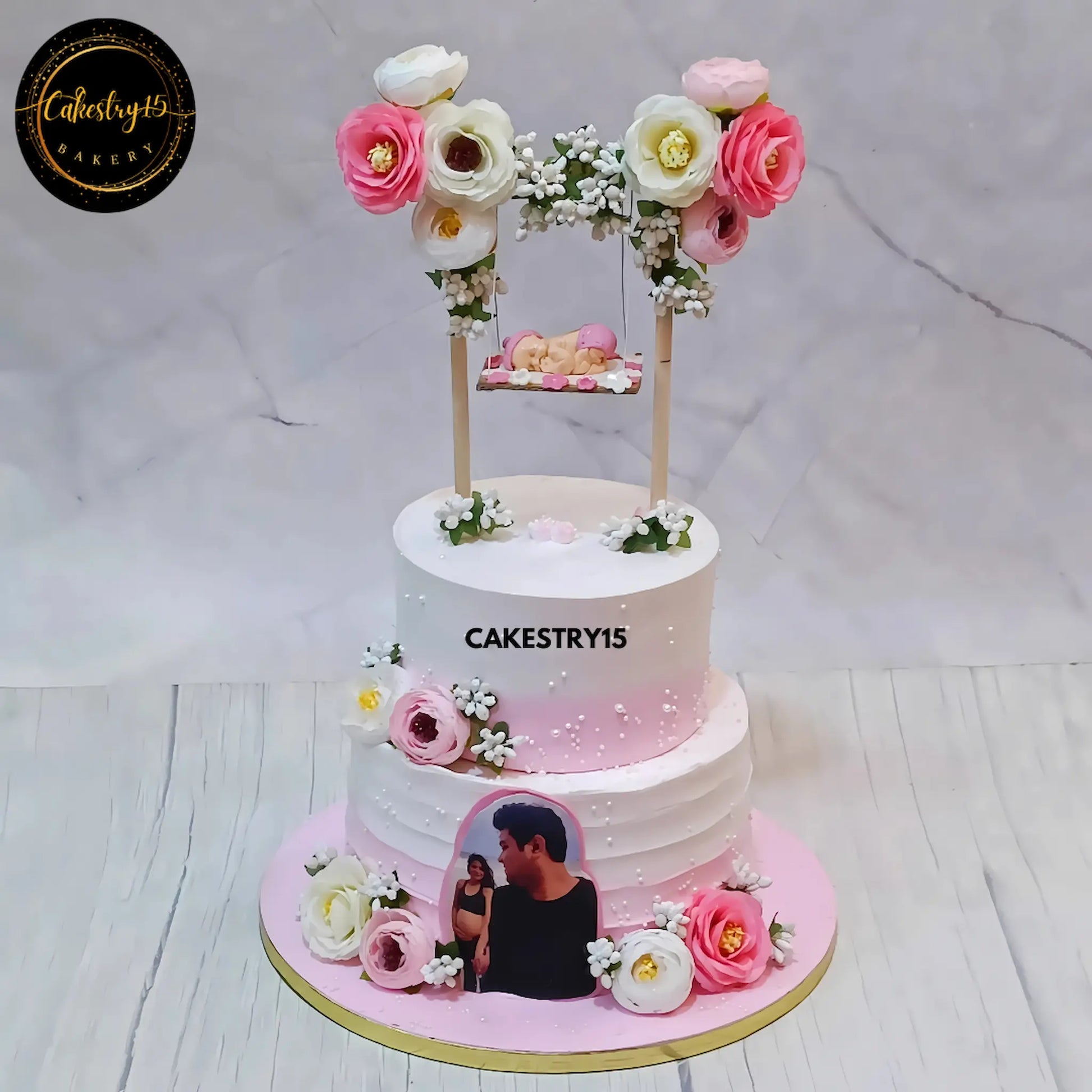 Swinging into Parenthood,2.5kg black forest baby shower cake by cakestry15 noida,cake full image