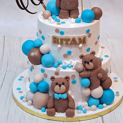 Teddies in the Sky 3kg chocolate first birthday Cake by cakestry15,noida,cake close up image