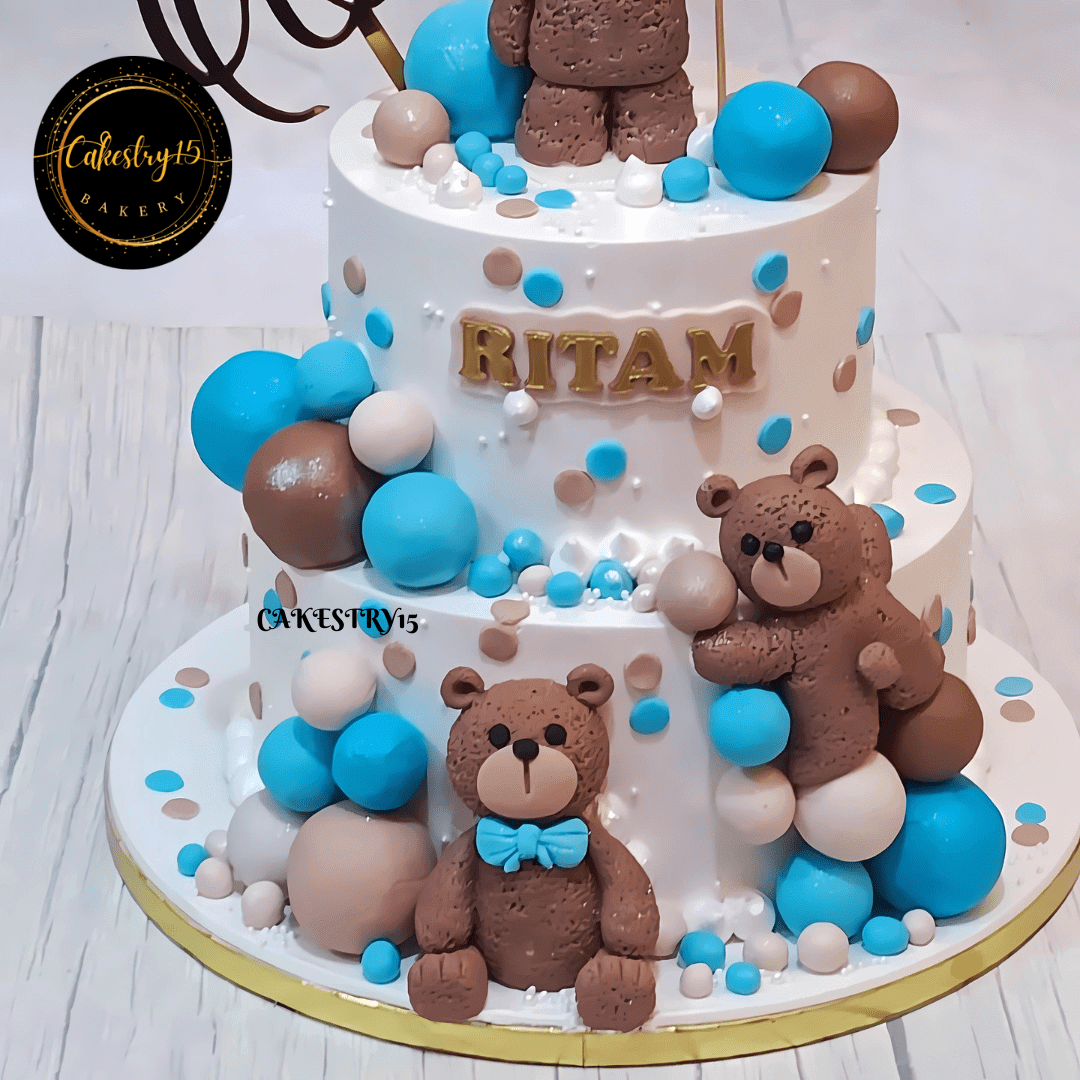 Teddies in the Sky 3kg chocolate first birthday Cake by cakestry15,noida,cake close up image 2