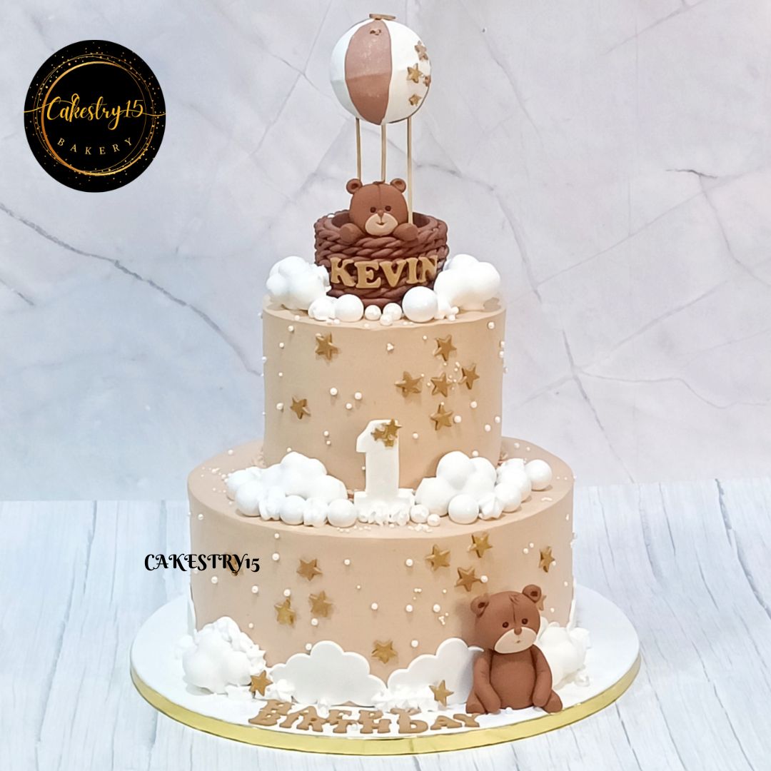 Teddy Air Balloon 3kg coffee caramel first birthday Cake by cakestry15 noida,cake full image