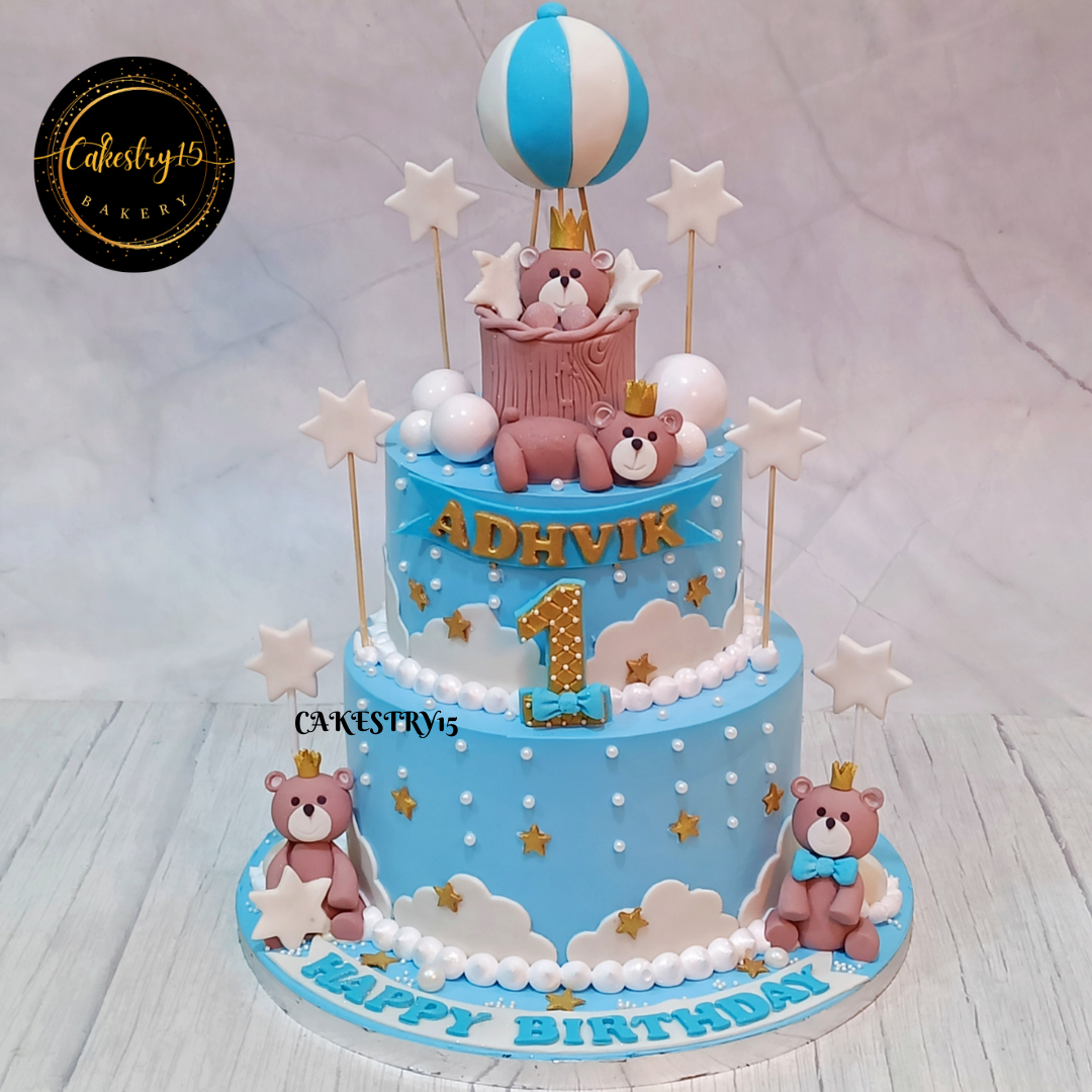 Teddy Air Balloon theme 3kg size 2tier pineapple flavor first birthday Cake,full image