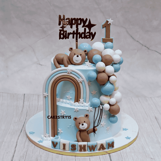 Teddy Balloon Fantasy,4kg chocolate flavour,first birthday cake for a boy by cakestry15 noida,cake full image
