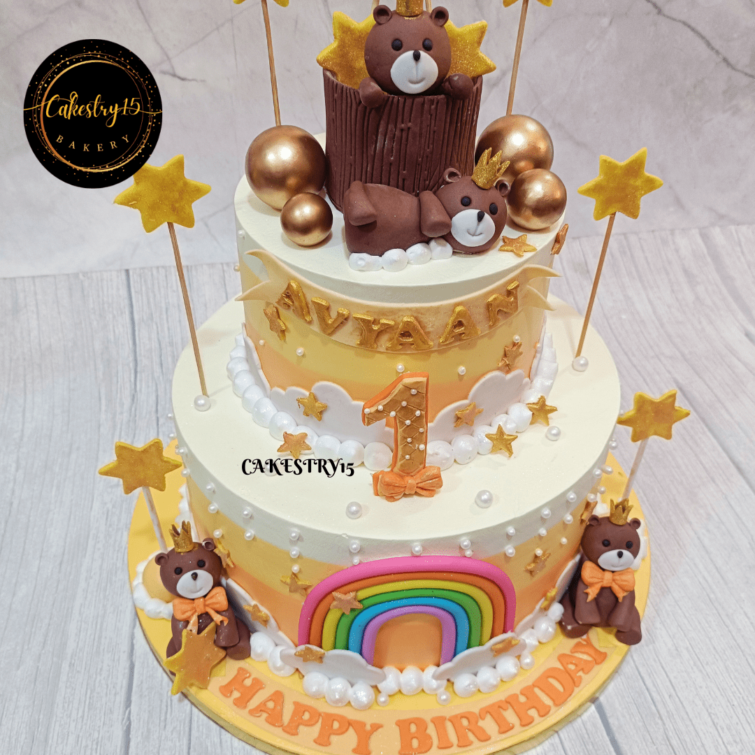 Teddy Bear 4kg 2 tier chocolate flavour first birthday cake,top angle image