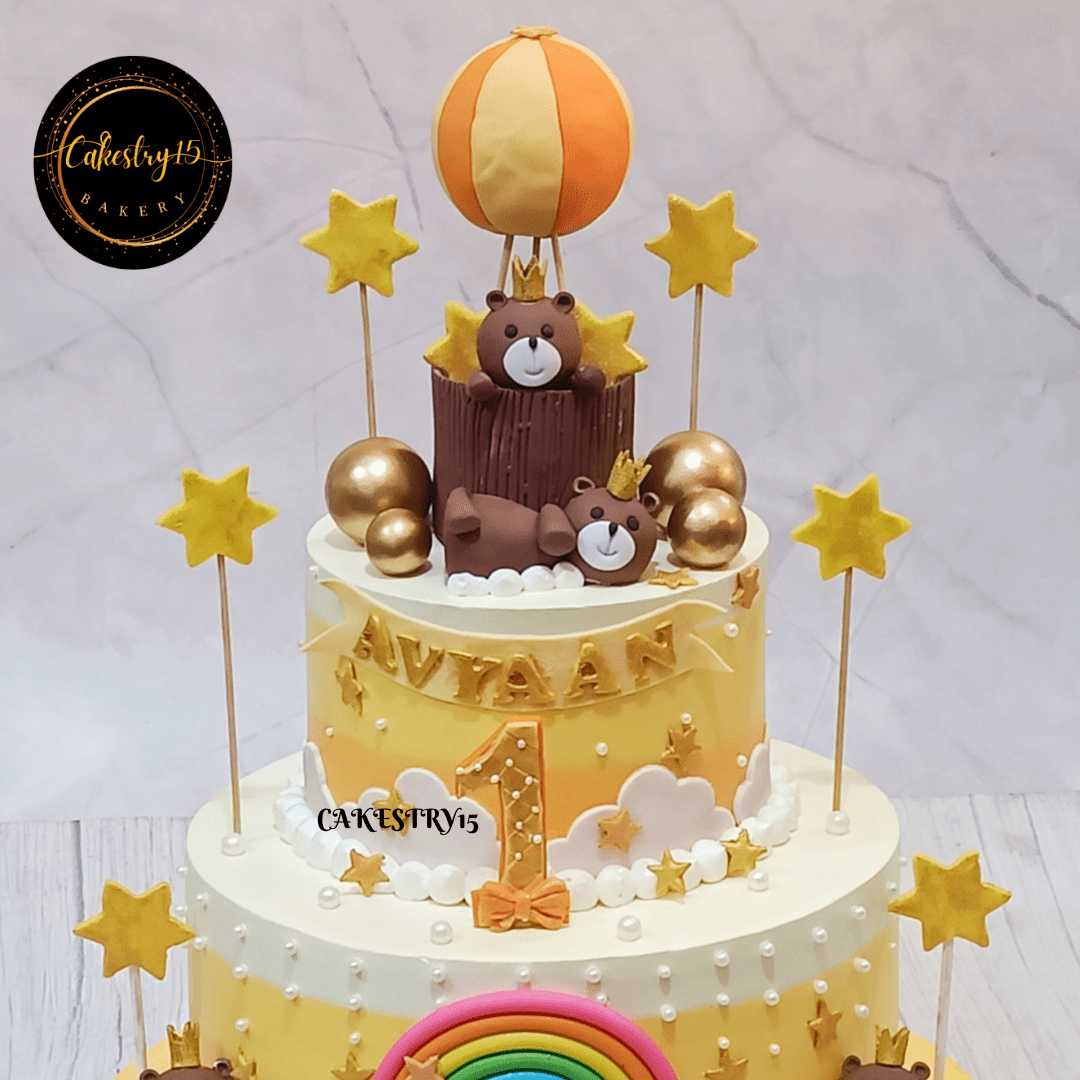 Teddy Bear 4kg 2 tier chocolate flavour first birthday cake,top tier close up image