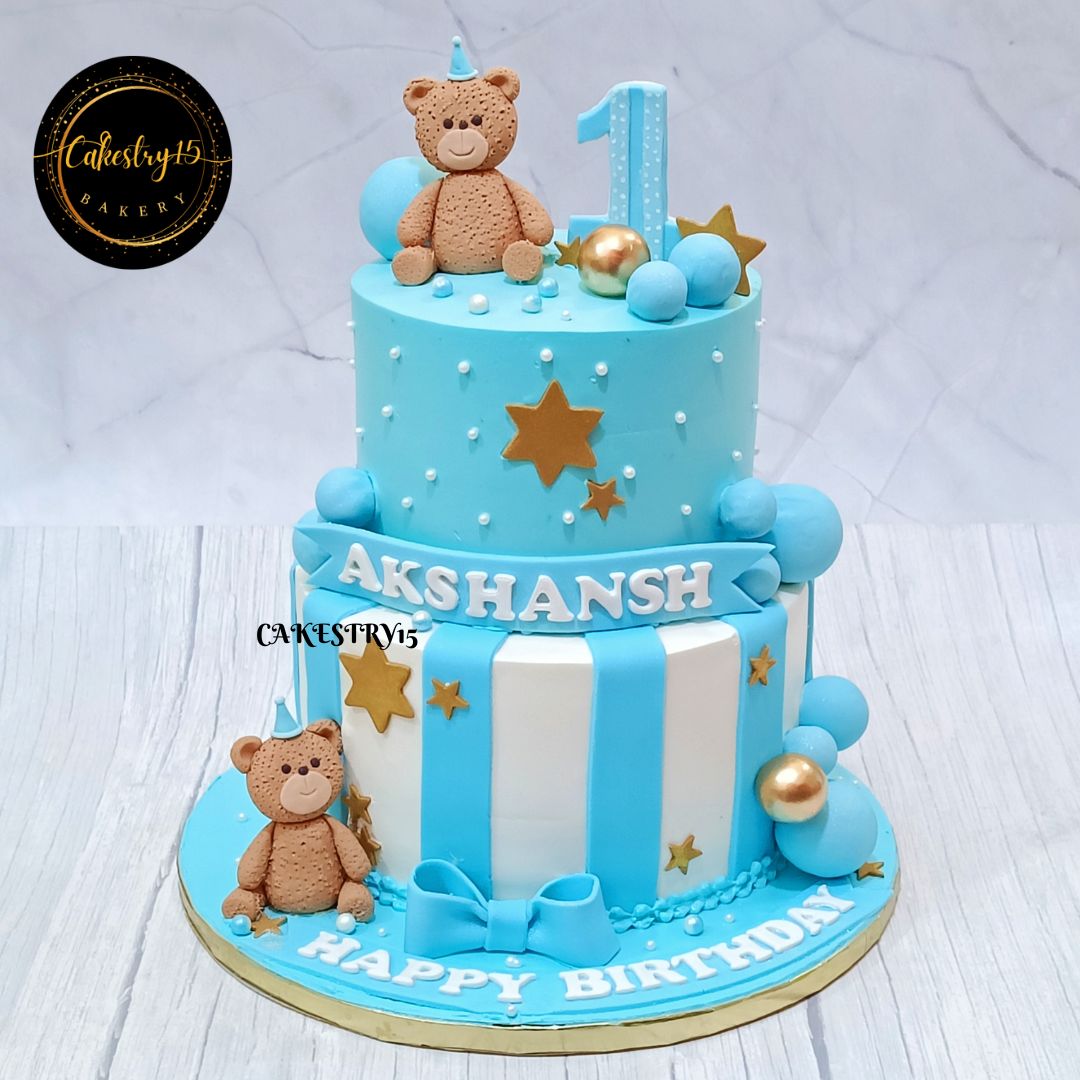 Teddy Blue 3kg pineapple first birthday Cake by cakestry15 noida,cake full image