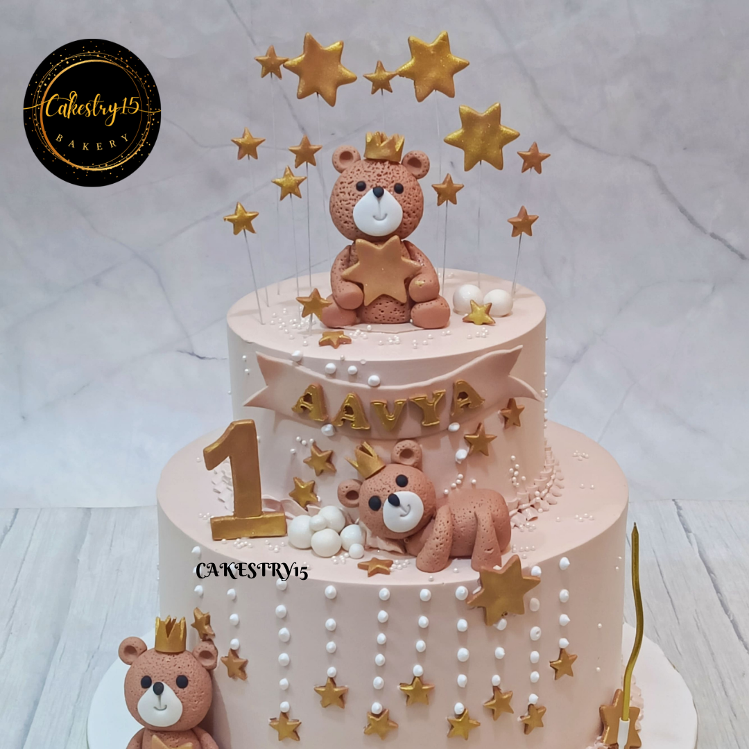 Teddy Cute First Birthday 4kg Butterscotch Cake by cakestry15,noida,cake top angle image