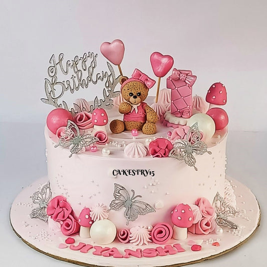 Teddy Pink Theme 2kg chocolate first birthday Cake,cakestry15 noida,cake full image