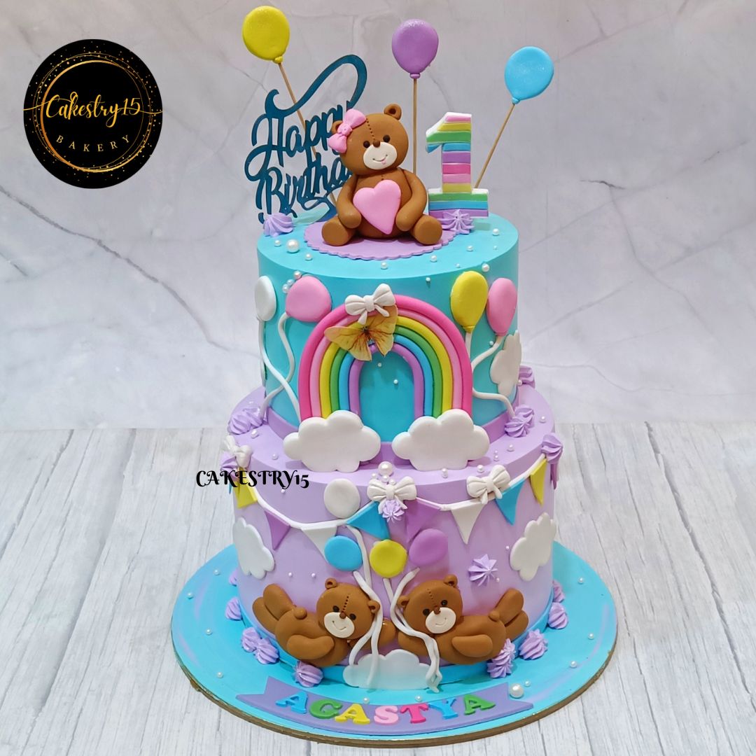 Teddy Rainbow 3kg pineapple first birthday Cake by cakestry15 noida,cake full image