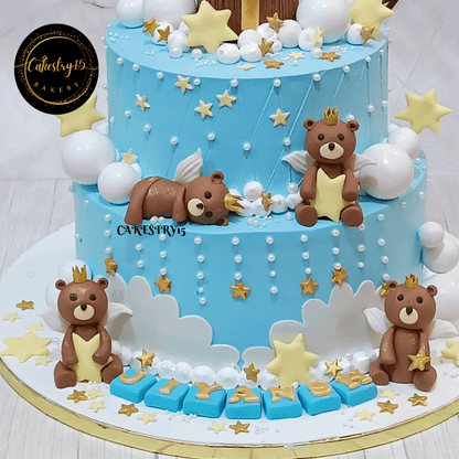 Teddy Snuggle 5kg Pineapple 2tier first birthday cake,unisex cakes,bottom tier close up image