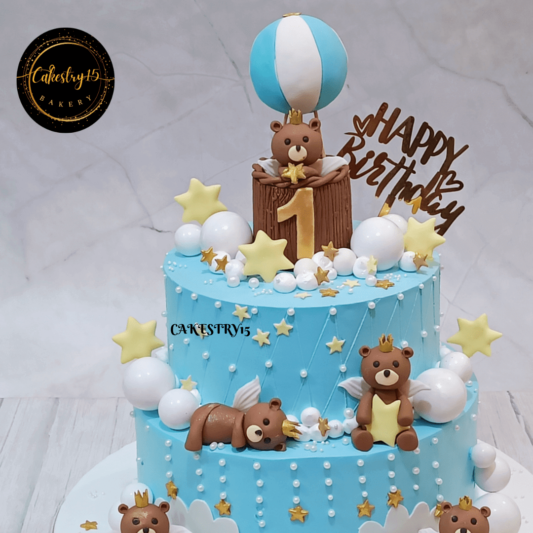 Teddy Snuggle 5kg Pineapple 2tier first birthday cake,unisex cakes,close up image