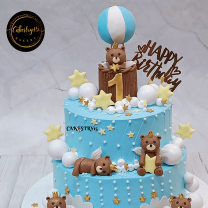 Teddy Snuggle 5kg Pineapple 2tier first birthday cake,unisex cakes,close up image