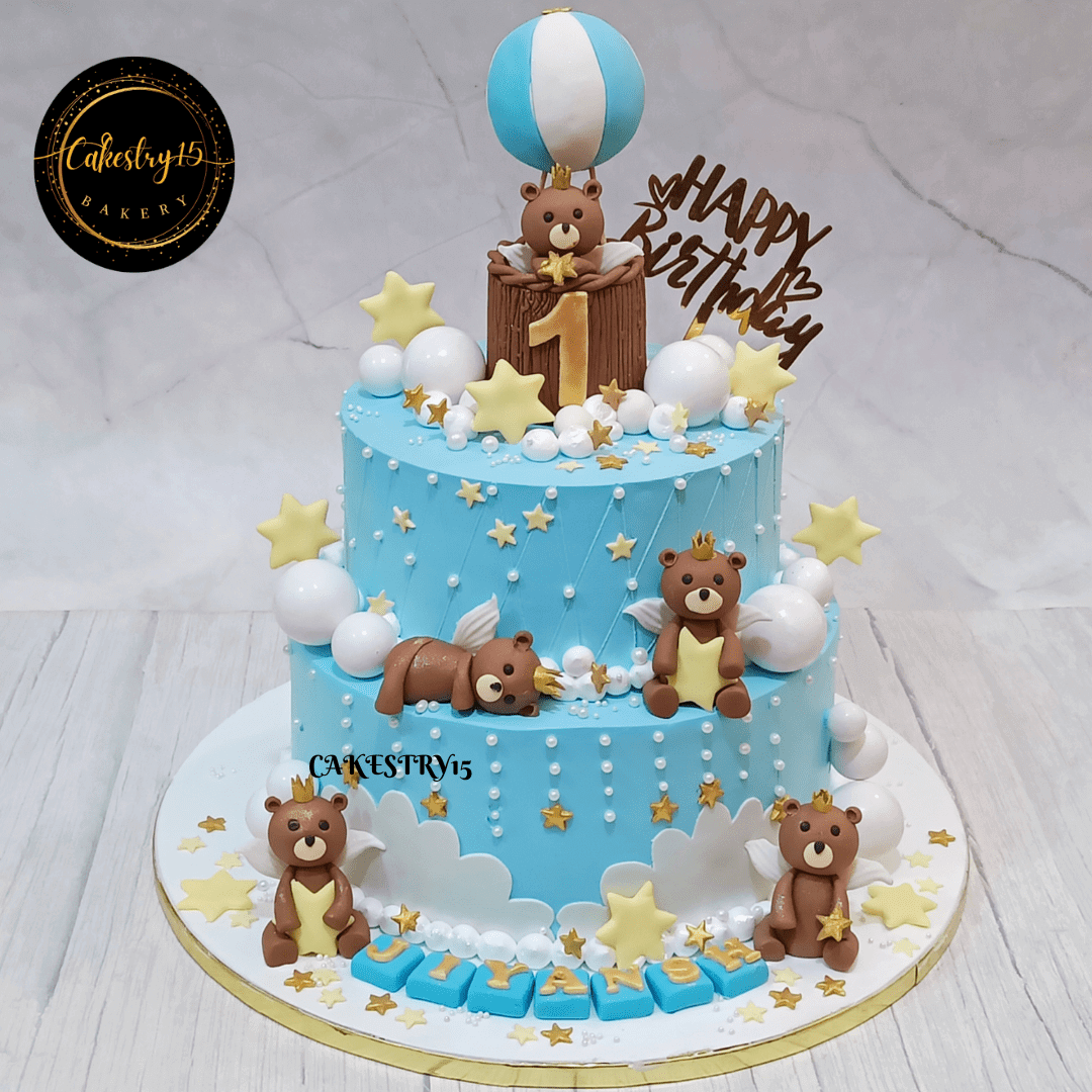 Teddy Snuggle 5kg Pineapple 2tier first birthday cake,unisex cakes,full image